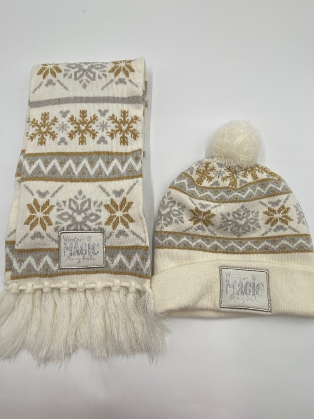Disney Parks Winter Magic Silver Gold Snowflakes Mickey Icon Scarf & Snow Hat